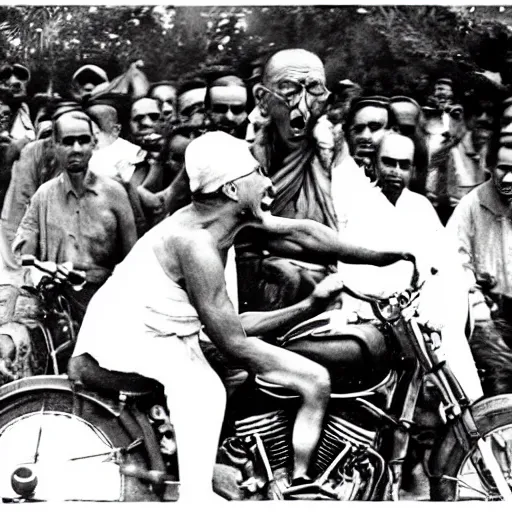 Prompt: gandhi screaming on a motorcycle