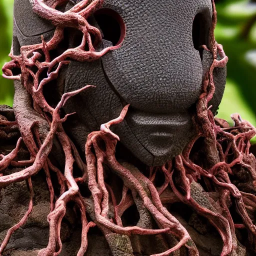 Image similar to incredibly detailed 1000 year old Morton Bay fig bonsai planted in an Upside-down ancient intricate red samurai helmet, volcanic rocks, photorealistic, vulumetric lighting, exquisite detail, vray 4k highly detailed, museum piece, no dof