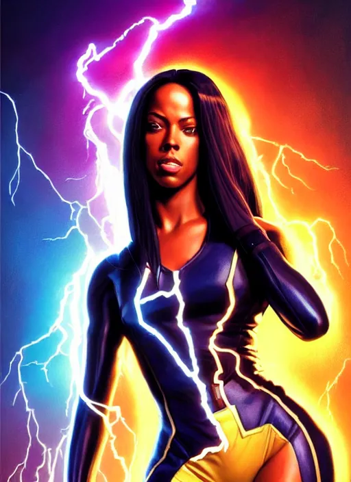 Image similar to full body portrait of marvel cinematic universe aaliyah haughton, x - men, storm, elegant, electricity archs, lightning strikes, rippling electromagnetic, highly detailed!! digital painting, artstation, glamor pose, concept art, sharp focus, illustration, art by artgerm and greg rutkowski, artey freytag