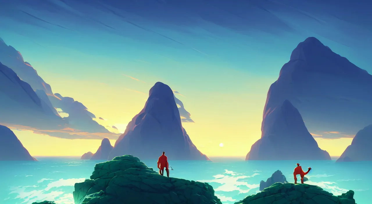 Image similar to a man who has a green square instead of a head in the middle of the ocean at sunset mountains are visible in the background, in marble incrusted of legends heartstone official fanart behance hd by Jesper Ejsing, by RHADS, Makoto Shinkai and Lois van baarle, ilya kuvshinov, rossdraws global illumination