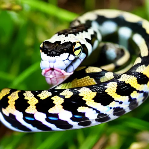 Prompt: checkered garter snake smelling a flower in the style of anime, cute