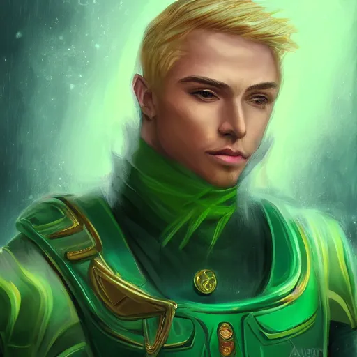 Prompt: artstation fantasy portrait, artist of Utopia, a human male, a dashing space hero with blond hair, wearing a green shirt