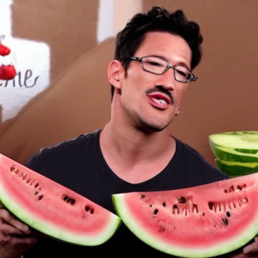 Image similar to markiplier eating numerous watermelons, 8k
