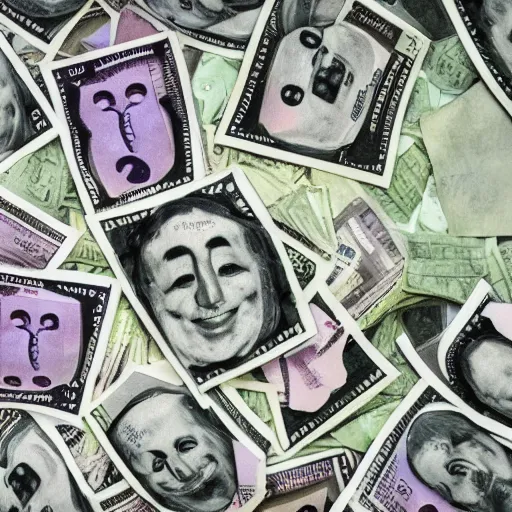 Image similar to huge pile of money with faces smiling, weird art, 4 k