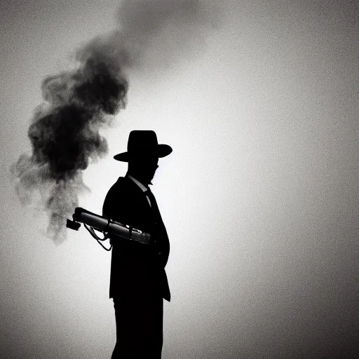 Image similar to white light from right, mysterious man in black suit and black hat, he has a pistol, smoke, fog, mysterious, 4 k, highly detailed, digital art, strong shadows, high contrast, epic scene, atmospheric, blue colours, old photograph