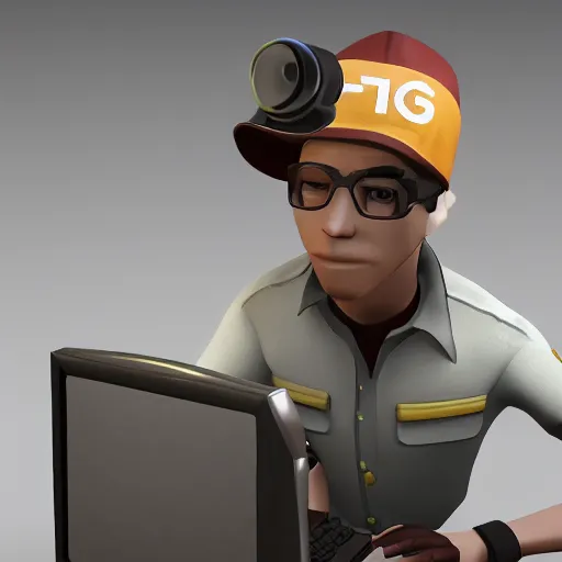 Image similar to TF2 scout confused a computer on an office desk, game render