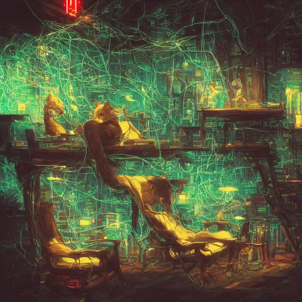 Prompt: single anime cat laying on a wood carved chair, library, super powers, retrowave, concept art, glowing tiny green lines, by greg rutkowski, overdetailed art, so many wires, complementing colors