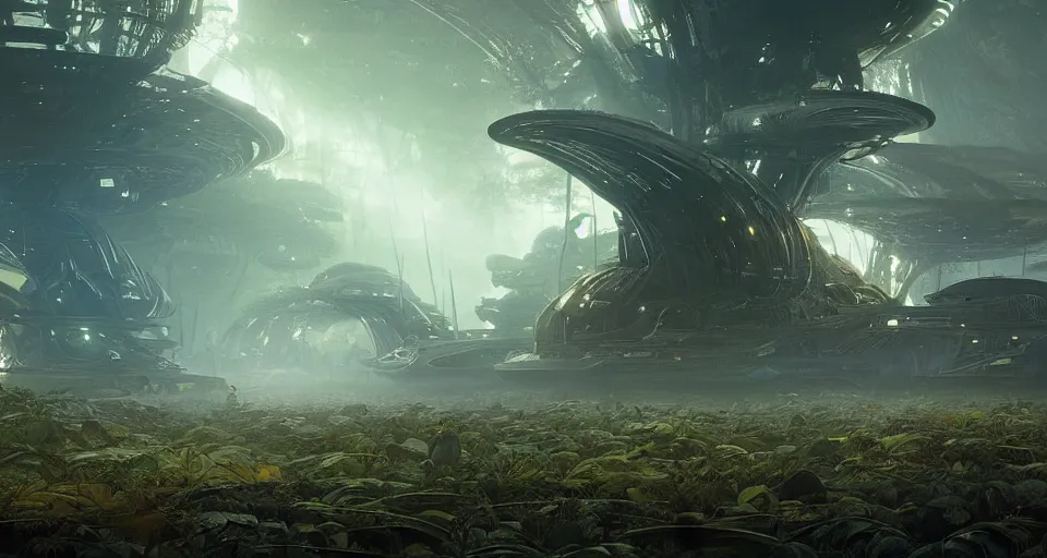 Image similar to Retro futuristic Sci-Fi space forest scene, Giant Aztec spaceship, volumetric light, fog, dusk lighting, intricate details ,by denis villeneuve, Ridley Scott, Greg Rutkowski and Alphonse Mucha