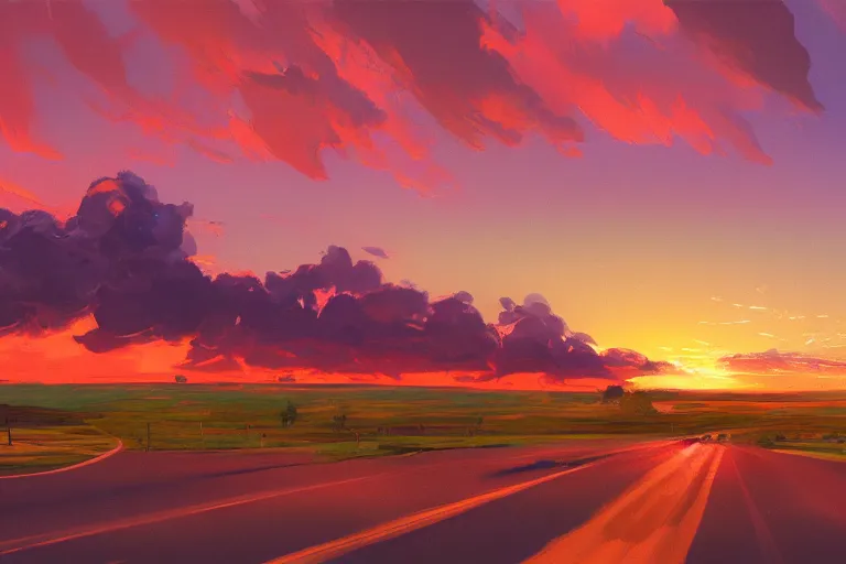 Image similar to country roadside sunset sky clouds illustration by syd mead artstation 4 k graphic novel concept art matte painting