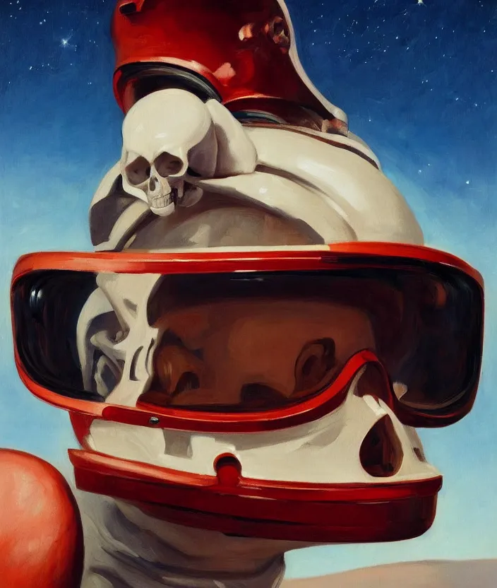 Image similar to a portrait of an astronaut with a skull head, cinematic and highly detailed oil painting by edward hopper, oil painting masterpiece, symmetry, mysterious, very aesthetic, cinematic and dramatic red light, 4 k,