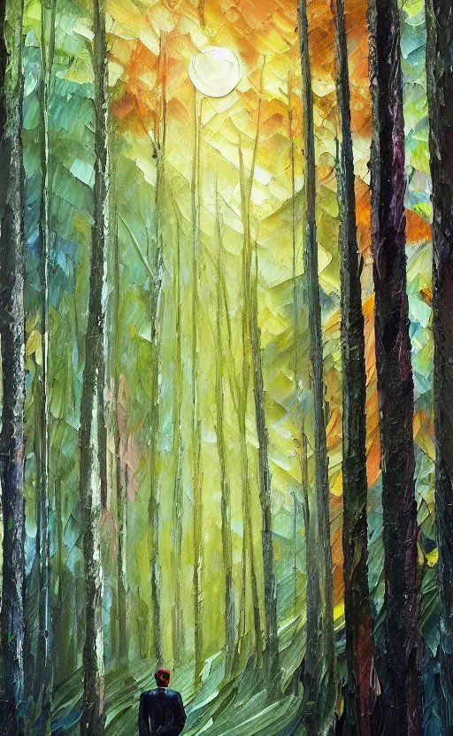 Prompt: a colorful realistic oil painting of a moonlit lush dense spruce forest crossed with a city at night with a business man standing by a bonfire, trees with lots of leaves, city, there's a business man in a suit near the fire with his back turned away from the viewer, curved trees, the top of the trees have morphed into art deco skyscrapers pointing at the moon, new york skyscrapers in the night sky with lights in the windows, the painting has cold blues at the top and warm orange colors at the bottom, a cross between lush spruce trees and a city, colorful orange and blue gradient, bright orange camp fire, worm's eye view of a brutalist metropolis, city buildings on top of trees, fish eye lens, worm's eye view, brutalist office buildings