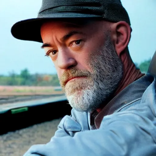 Prompt: photograph of michael stipe driving a train
