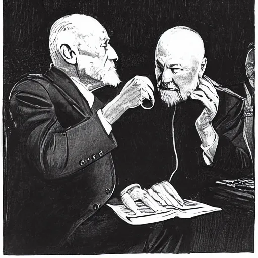 Prompt: buzz aldrin playing the drums while Lenin reads from a bible in a downtown New York jazz club in the late 1950's. etching