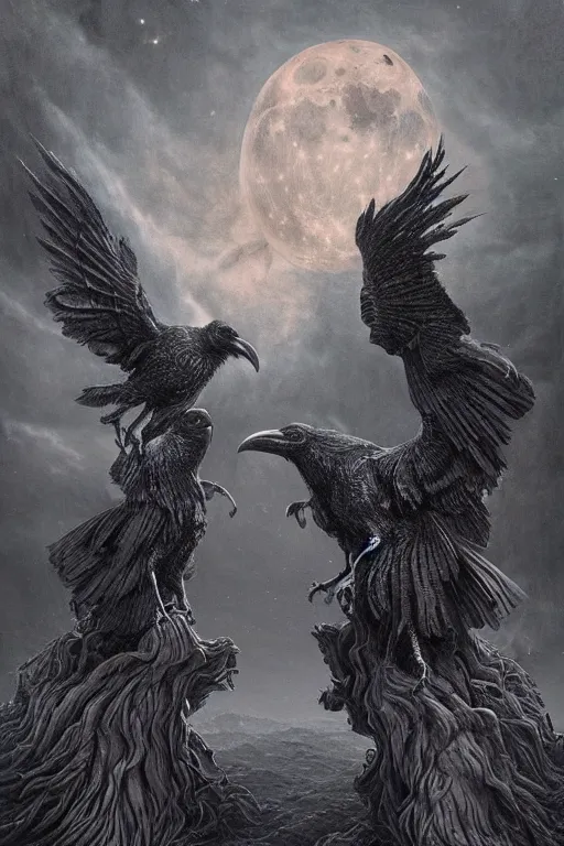 Prompt: Intricate stunning highly detailed surreal ravens by agostino arrivabene and Seb McKinnon, sculpture, ultra realistic, Horror vacui, full moon, thick swirling smoke tornado, vibrant fire embers, trending on artstation