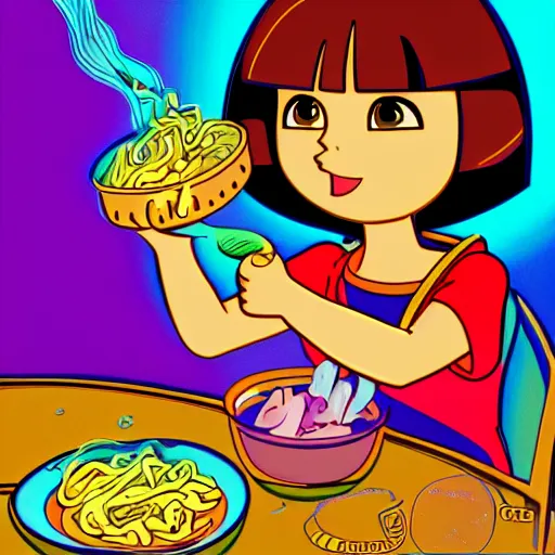 Image similar to Dora the explorer eating ramen noodles. cinematic, cartoon, detailed, under water, vegitation, psychedelic, dramatic lighting, trending on deviantart