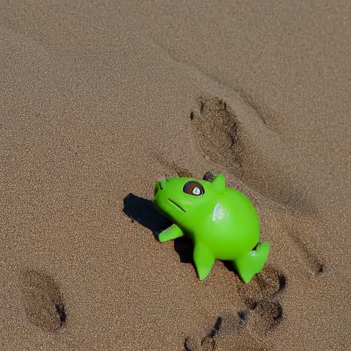 Image similar to Bulbasaur sunbathing on the beach