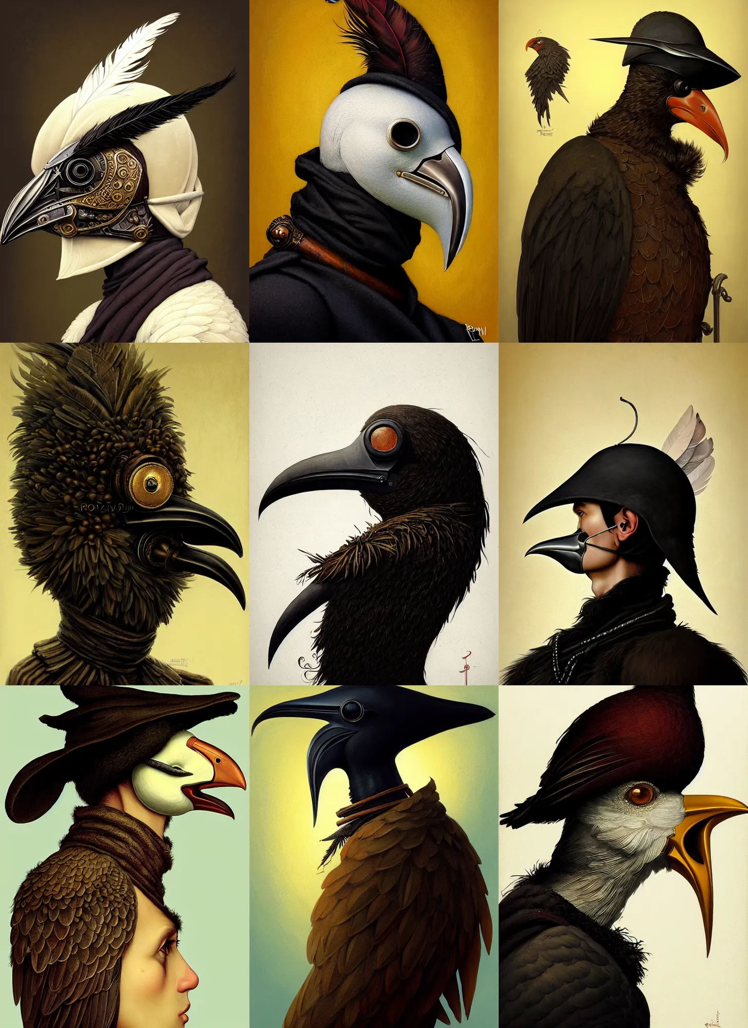 Image similar to rpg! profile! portrait of humanoid bird on white background, beak, feathers, plague doctor, beautiful clothes, intricate, highly detailed, digital painting, artstation, concept art, smooth, sharp focus, illustration, art by norman rockwell emiliano ponzi andrey remnev yoann lossel aaron jasinski, 8 k