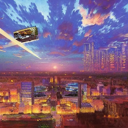 Prompt: a very beautiful eco - friendly environmental future!!! city cityscape, ( flying cars ) and elevated!! trains and solar power, lots of desert plants and flowers, sunrise, style of olidon redon