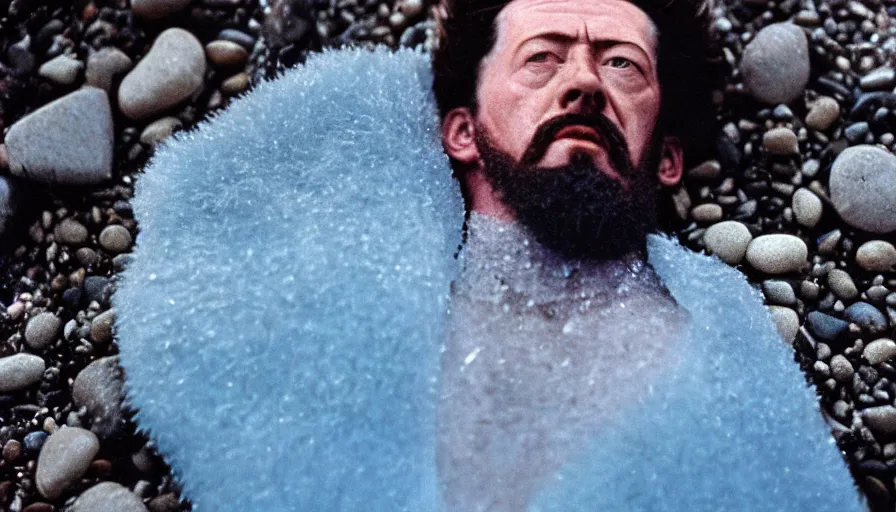 Image similar to 1 9 6 0 s movie still close up of marcus aurelius frozen to death in a blue cape with fur in a river with gravel pebbles, pine forests, cinestill 8 0 0 t 3 5 mm, high quality, heavy grain, high detail, texture, dramatic light, anamorphic, hyperrealistic, detailed hair