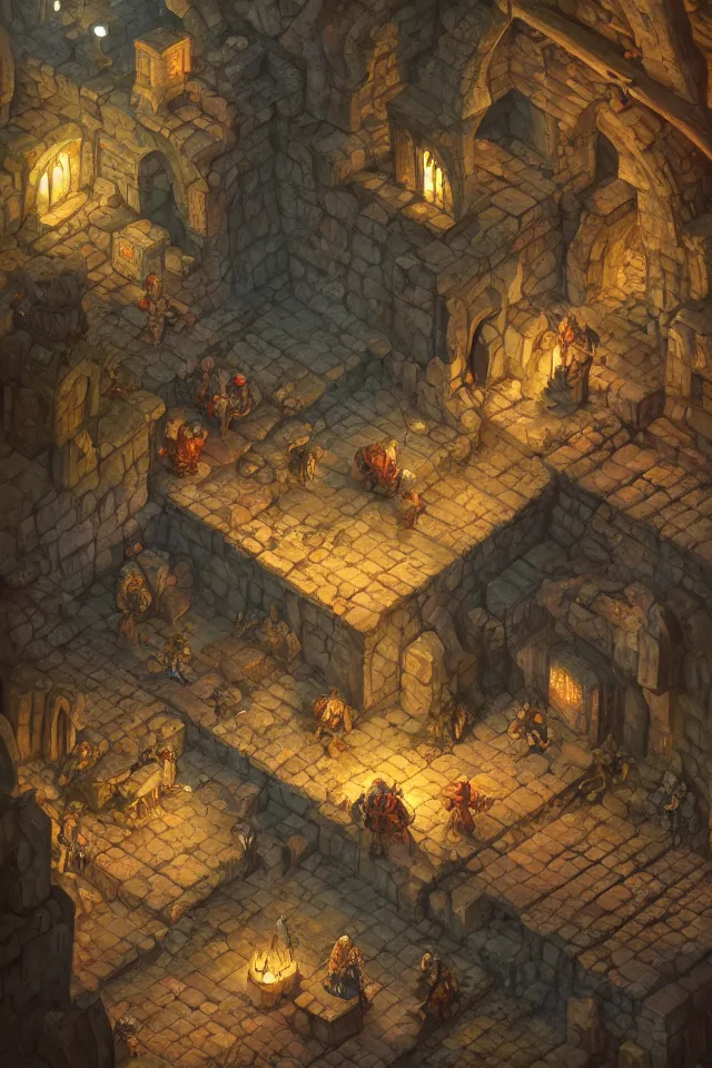 Image similar to a digital painting of an isometric fantasy medieval dungeon by justin gerard, paul bonner, highly detailed, volumetric lighting, digital art, isometric, artstation hd