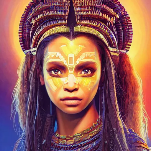Image similar to highly detailed portrait of a brown aztec princess. step pyramid. eclipse. science fiction, highly detailed, digital painting, beautiful eyes, symmetry, concept art, sharp focus, digital illustration, global illumination, radiant light, synthwave! colors, detailed and intricate environment, art by artgerm and greg rutkowski and magali villeneuve and ilya kuvshinov!