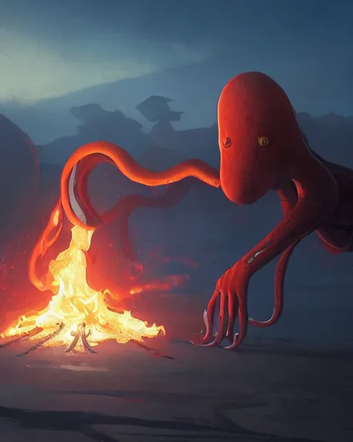 Prompt: humanoid squid squidward wearing fire nation clothing and practicing firebending outside at susnset, [ greg rutkowski ]