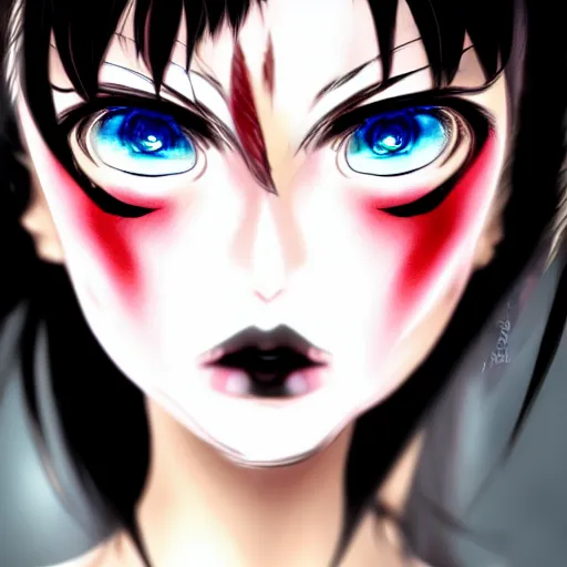 Image similar to front-facing headshot of a young gothic anime woman with black hair and golden highlights, wearing pretty makeup, drawn by WLOP, by Avetetsuya Studios, anime portrait, trending on artstation