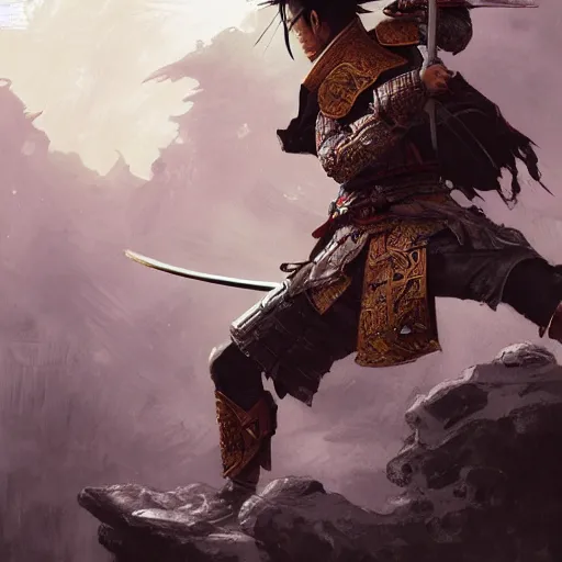 Image similar to A samurai with his sword in a defensive stance, D&D, fantasy, intricate, cinematic lighting, highly detailed, digital painting, artstation, concept art, smooth, sharp focus, illustration, art by Akihiko Yoshida, Greg Rutkowski and Alphonse Mucha