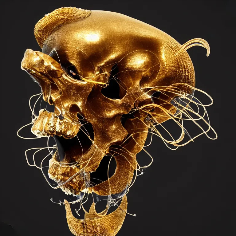 Image similar to black background. absolutely symmetrical sculpture. centered. goddess princess face close-up portrait ram skull. sculpture made of gold and black charcoal. jellyfish phoenix head, nautilus, orchid, skull, betta fish, bioluminiscent creatures, intricate artwork by Tooth Wu and wlop and beeple. octane render, trending on artstation, greg rutkowski very coherent symmetrical artwork. cinematic, hyper realism, high detail, octane render, 8k