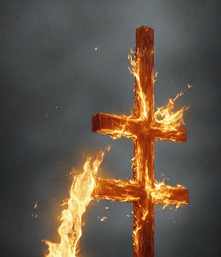 Prompt: a beautiful hyperrealistic detailed 3D render of a burning cross, by Anton Otto Fischer, Atey Ghailan, genzoman, unreal engine, octane render, gigantic, 3D, brilliantly coloured, intricate, ultra wide angle, trending on artstation, embers, smoke, dust, dusk, volumetric lighting, HDR, polished, micro details, ray tracing, 8k