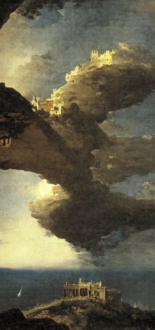 Prompt: fantasy matte painting of a city-size pipe organ hanging on the side of a massive cliff at night, dark stormy weather by Canaletto and Bellotto