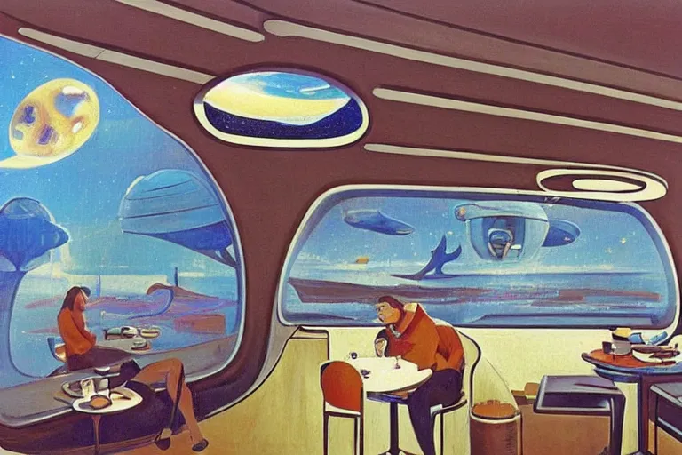 Image similar to coffee shop in a spaceship by robert theodore mccall