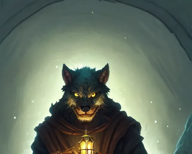 Image similar to oldman with a lantern at night time, werewolf behind him, deep focus, d & d, fantasy, intricate, elegant, highly detailed, digital painting, artstation, concept art, matte, sharp focus, illustration, hearthstone, art by artgerm and greg rutkowski and alphonse mucha