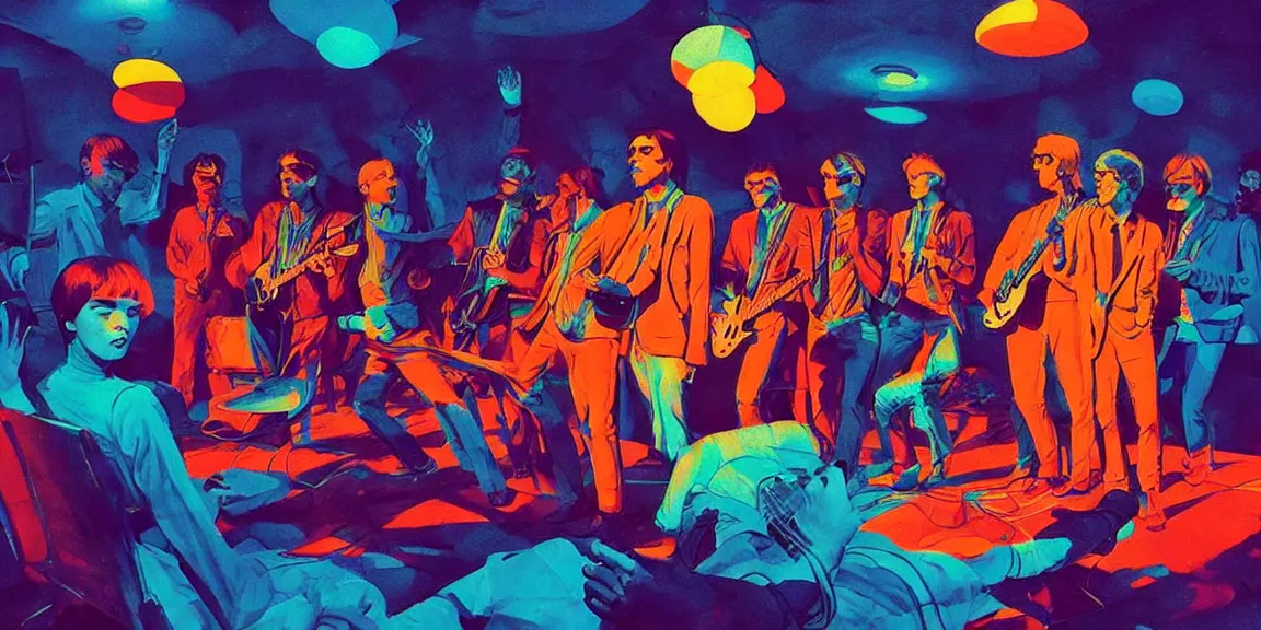 Image similar to duotone trippy 1 9 6 0 s lsd concept illustration of the grateful dead on stage. volumetric lighting. golden ratio accidental renaissance. by sachin teng and sergey kolesov and ruan jia and heng z. graffiti art, scifi, fantasy, hyper detailed. octane render. concept art. trending on artstation.