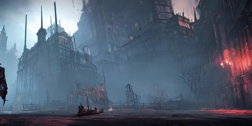 Image similar to mix between bioshock infinite and bloodborne, terrifying game, floating city