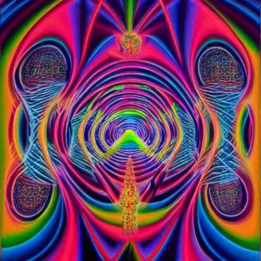 Prompt: A mysterious, psychedelic room by Alex Grey