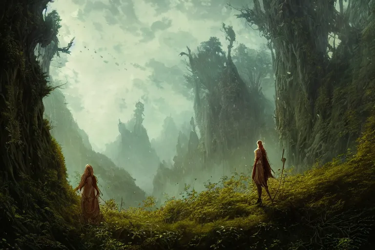 Image similar to detailed intricate digital illustration by greg rutkowski and david friedrich and ruan jia and fenghua zhong and steven belledi ; gothic fantasy valley and forest faerie fey unseelie in background ; 1 3 mm film, arri alfa anamorphic lens ; sharp focus, eventide, fireflies ; trending on artstation 8 k