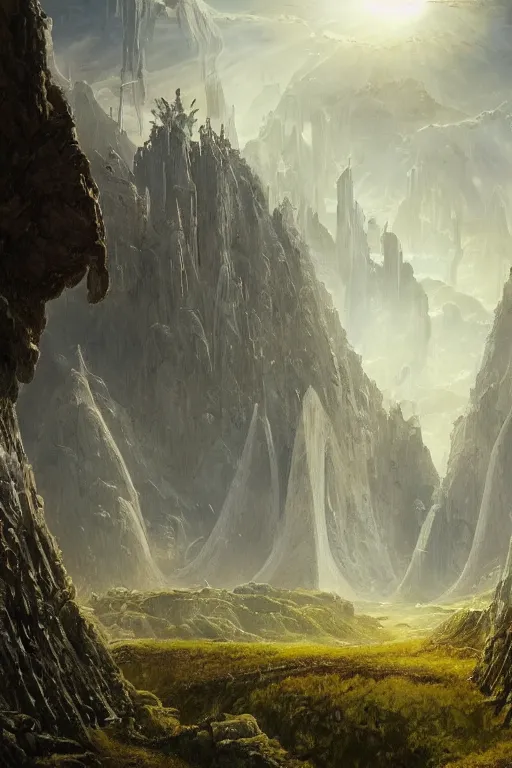 Prompt: amazing concept painting, by Jessica Rossier and HR giger and Beksinski, A gleaming white opera hall fortress overlooks a fertile valley, brutalist deak ferrand Jean-pierre Ugarte bases lead to an art nouveau Rivendell, terraces, hallucination, garden of eden