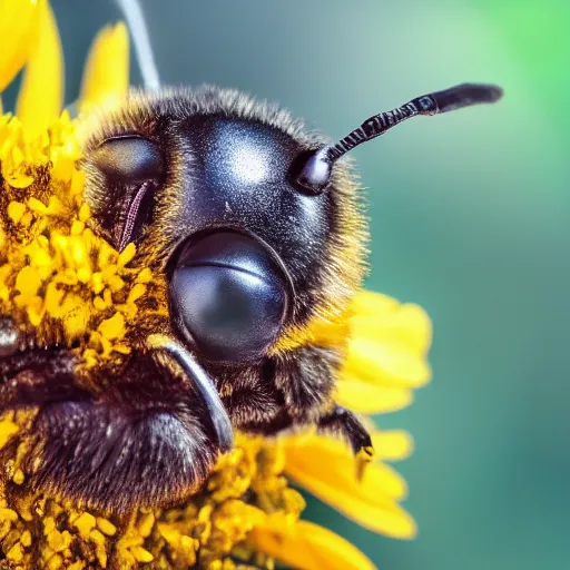 Prompt: macro photography of a bee landing on the dog's pollen covered nose. bokeh. contest winning photography. 8 k. hyper - realistic