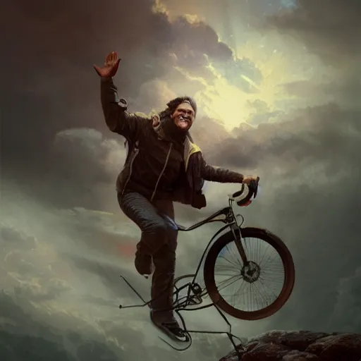 Prompt: A fancy portrait of a happy man flying in the sky on his bicycle in the clouds, perfect expression, Greg Rutkowski, Maciej Kuciara, 8k photorealistic, volumetric lighting, HD, high details, dramatic, warm atmosphere, trending on artstation