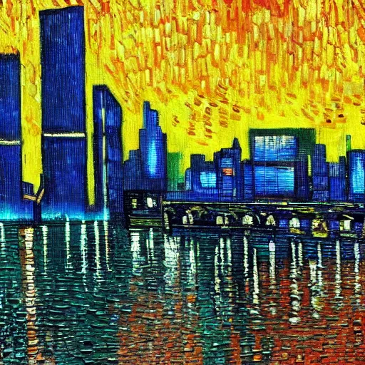 Image similar to painting of a cyberpunk city with high tech and flying cars in the style of vincent van gogh