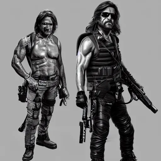 Image similar to Snake Plissken standing next to an alien, digital art, trending on artstation, highly detailed