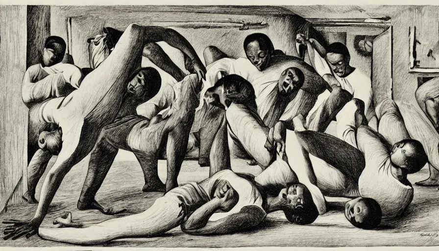 Image similar to capoeira, engraving by escher