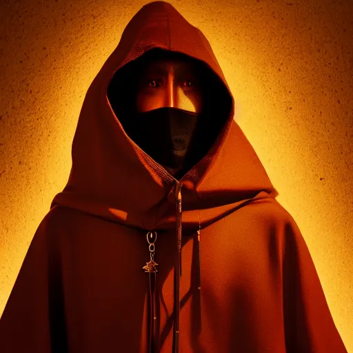 Image similar to a portrait of a man wearing a long dark cloak, hood and shadows covering face, holding golden chains, oil painting, Volumetric Golden dappled dynamic lighting, Highly Detailed, Cinematic Lighting, Unreal Engine, 8k, HD