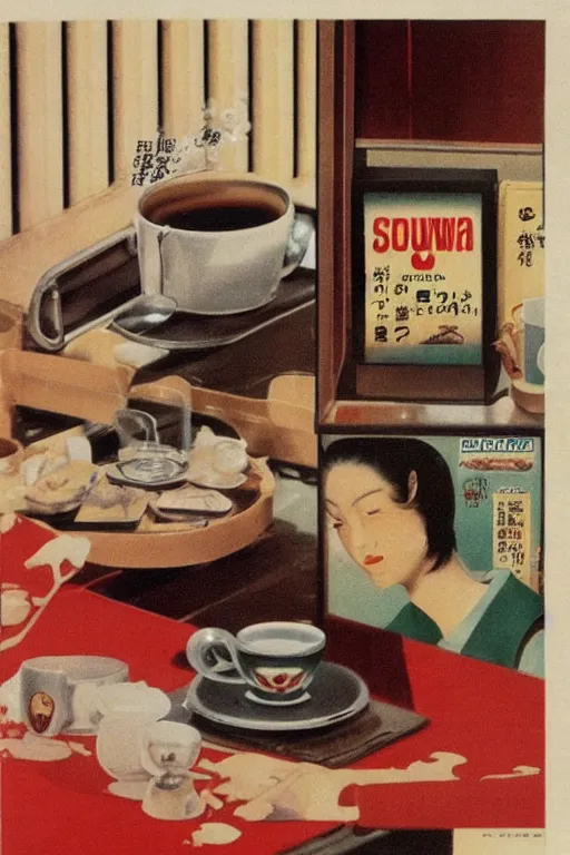 Prompt: coffee advertisment, still life, 1 9 7 0 s japan shouwa advertisement, print, nostalgic