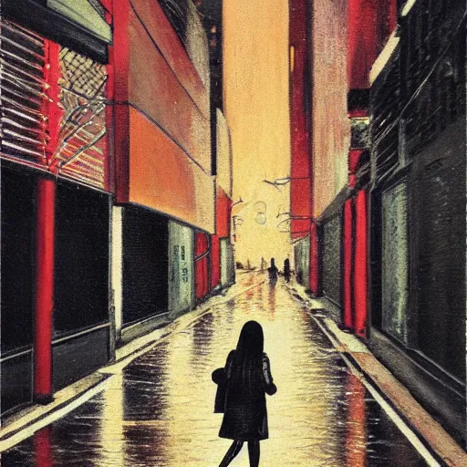 Prompt: girl in leather jacket walking down rainy city street at night, Kiyohiko Azuma