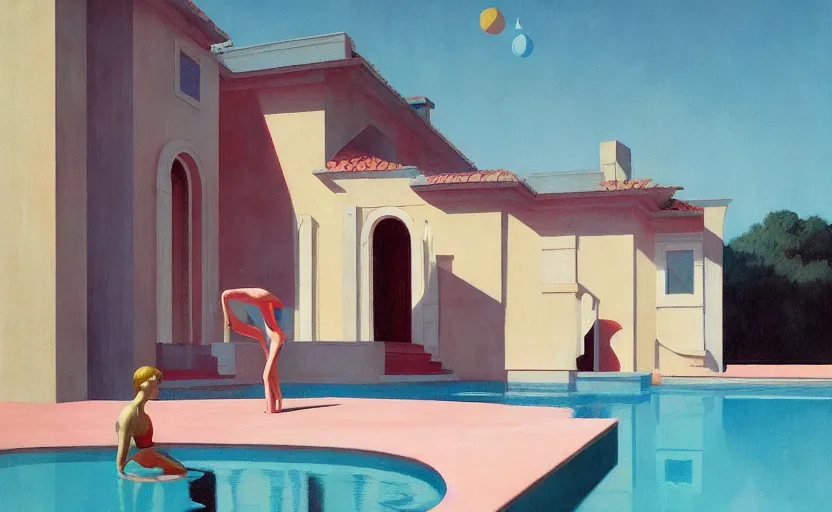 Image similar to A villa with a big pool, very coherent, painted by Edward Hopper, Wayne Barlowe, painted by James Gilleard, airbrush, art by JamesJean