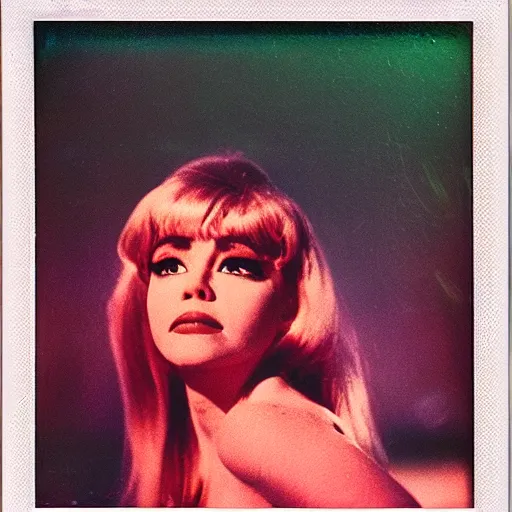 Image similar to a polaroid portrait of barbarella, vintage movie poster, bokeh, lit from behind, heavy film grain, color bleed