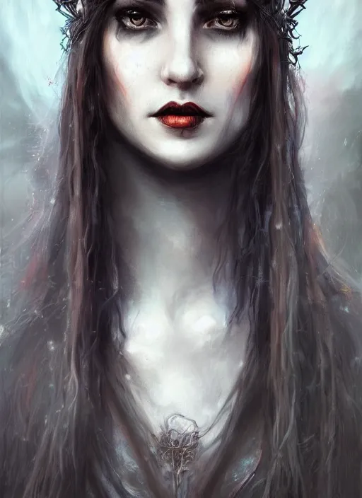 Image similar to mysterious dark and beautiful witch with long hair and a crown, fantasy, medieval, vivid colors, fantasy, elegant, concept art, sharp focus, beautiful face!!, digital art, Hyper-realistic, 4K, Unreal Engine, Highly Detailed, HD, Dramatic Lighting by Brom, trending on Artstation