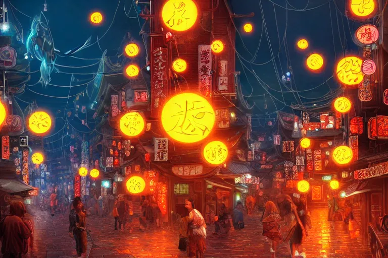 Prompt: fantasy art of glowing goldfish swimming in the air, in the streets of a japanese town at night, with people watching in wonder, by fenghua zhong, highly detailed digital art, trending on artstation